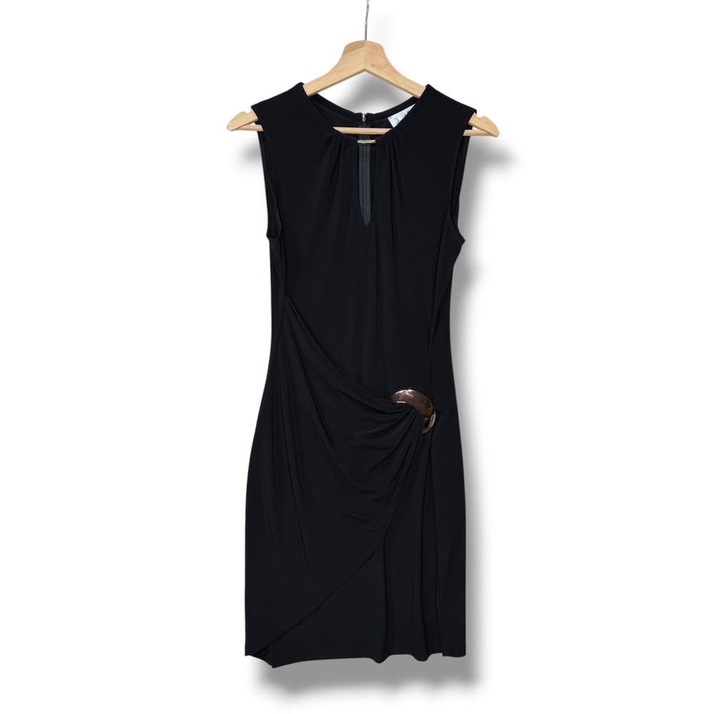 Joseph Ribkoff Black Draped Sheath Dress Women's‎ 8 Gold Buckle Keyhole Neck LBD